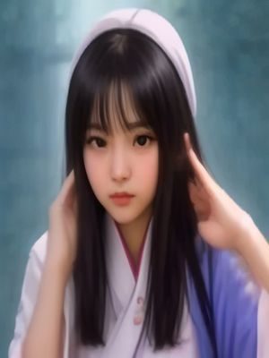 户外自然风美女坐在山间溪石上，自然卷发飘动，淡蓝色轻薄连衣裙，背景绿意盎然，空气感写真