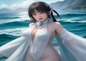 清纯系美女海边写真专辑封面，白色比基尼，碧蓝海水背景，阳光明媚，青春活力海滩写真